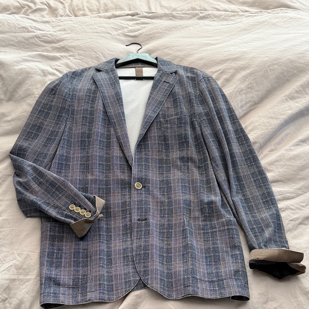 Eleventy Gray and Blue Laser Cut Checkered Blazer